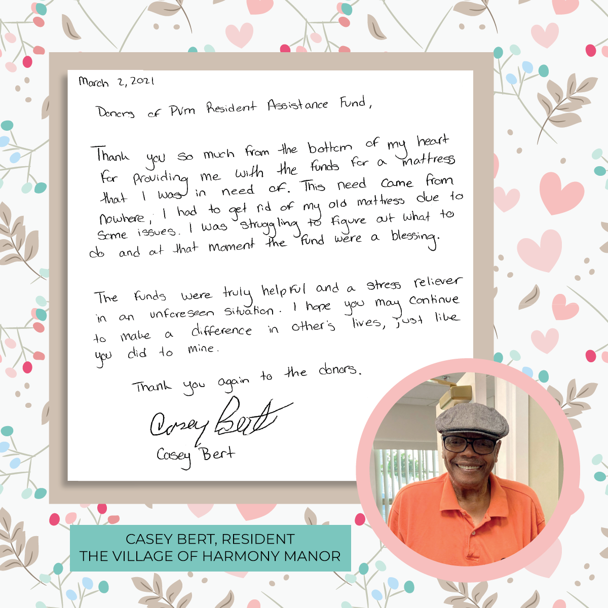 A thank you note from Resident Casey Bert, thanking donors for a new mattress.