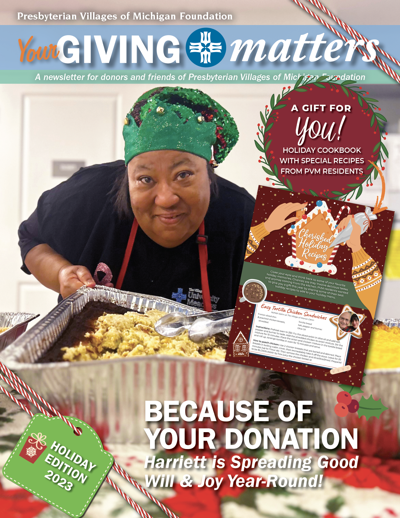 cover of Your Giving Matters holiday 2023 featuring Harriett baking for her fellow residents
