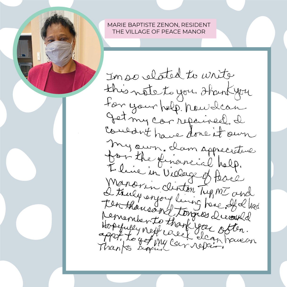 A thank you note from resident Marie Baptiste Zenon, thanking donors for financial help on getting her car fixed.